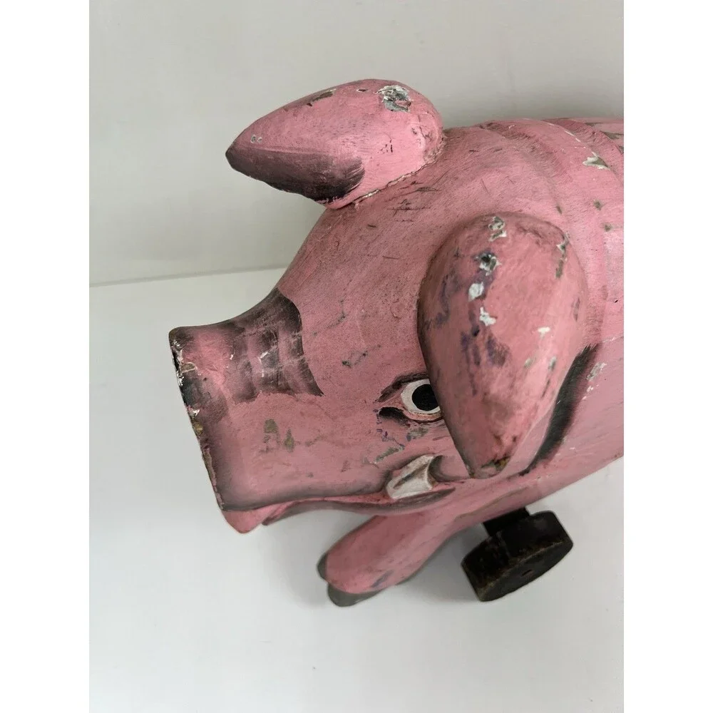Vintage Handcrafted Carved Wooden Pig on Wheels Art Sculpture Statue Country